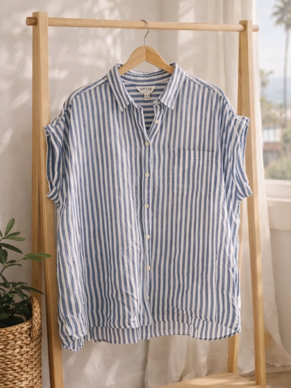 Orvis Linen Blend Striped Button Top XXL Oversized Coastal Shirt